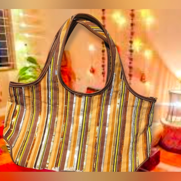 STRIPED LARGE TOTE SHOPPING BAG UNIQUE HAND MADE WITH SEQUINS ACCENT NWOT - Picture 3 of 11